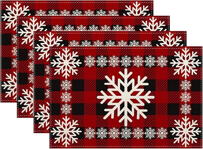 Christmas Placemats Set of 4 Vintage Red Black Buffalo Plaid Snowflake Decor Place Mats 12x18 Inch Xmas Winter Holiday Decorative Linen Table Mats for Home Kitchen Dining Party Table Decoration