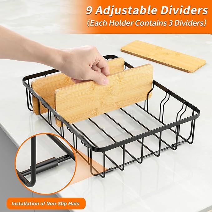 3-Pack Adjustable Lid Organizers - Large Kitchen Cabinet Organizer for Food Storage Container and Tumbler Cup Lids with 9 Bamboo Dividers - Organizers in Cabinet Kitchen/Pantry/Laundry Room