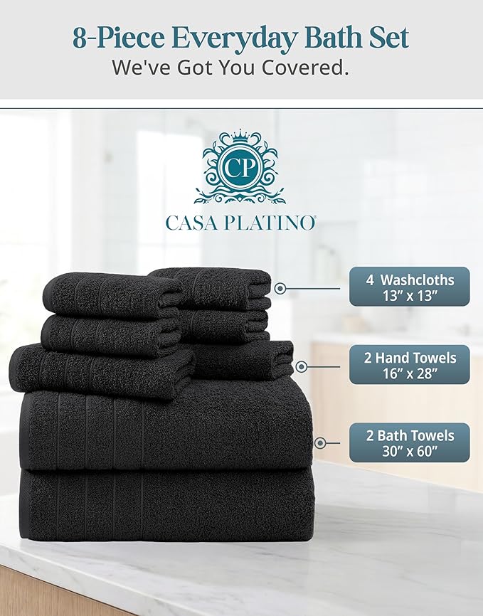 Casa Platino 100% Cotton Bath Towel Pack of 8 - Soft, Quick Dry & Highly Absorbent - 2 Bath, 4 Washcloths, 2 Hand Towels for Bathroom - Durable, Premium Quality & Ideal Gift for Him - Midnight Black