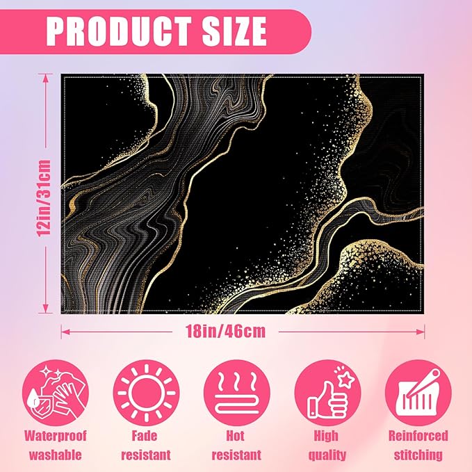 Black Gold Marble Placemats Set of 6,12x18 Inch Linen Place Mat Washable Stain Resistant Table Mats for Spring Summer Seasonal Farmhouse Kitchen Party Home Decor