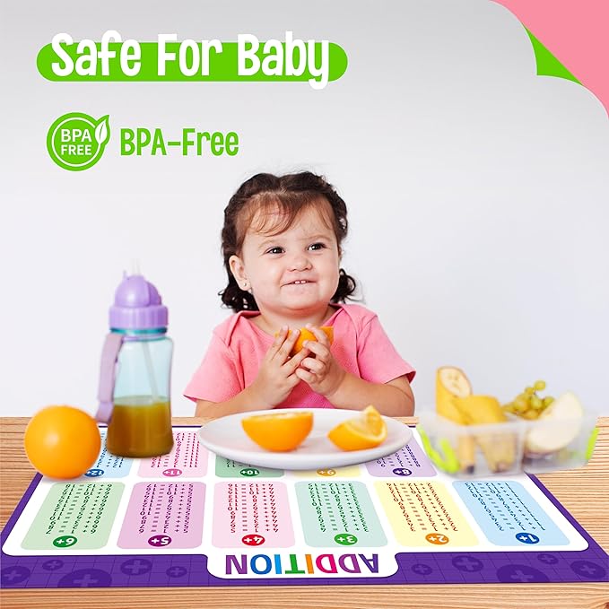 6 Pack Placemats for Kids, Non-Slip Washable Table Mat, Reusable Subtraction, Multiplication, Fraction, Addition, Division Placemats for Home, Kindergarten, Classroom, Nursery
