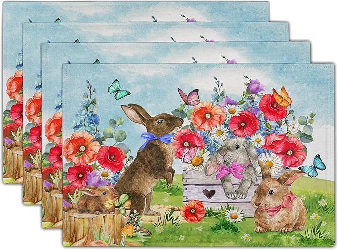 Easter Rabbit Floral Place Mats - Bunny Placemats Set Spring Flowers Colth Table Mats for Home Kitchen 12x18 in