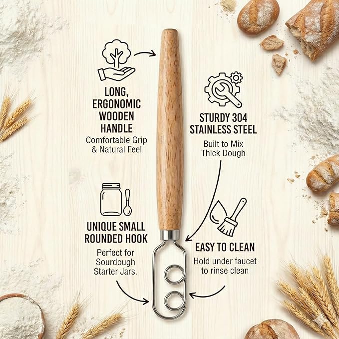 Sourdough Starter Stirring Hook and Dough Whisk | Small Size to Fit in Jars | Improve the Mixing Standard Of Your Starter For Better Baking Results | New England Sourdough Starter Co.