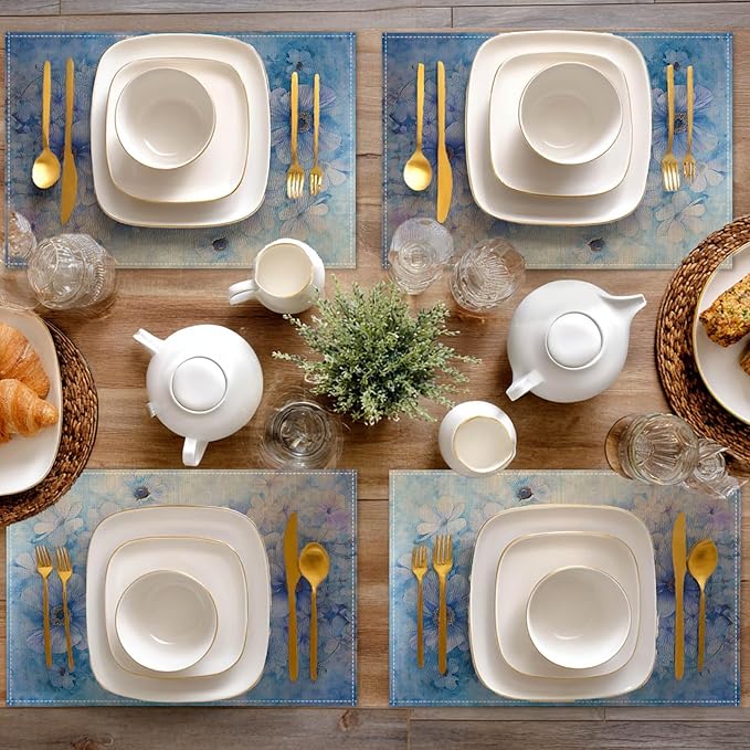 HOMETITUTE Linen Placemats Set of 4 12x18 inch Spring Table Mats for Dining Table Blue Floral Farmhouse Decorations Kitchen Decor Desk Mat for Outdoor Home Party Kitchen Seasonal Dining Decor