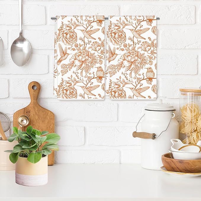 Orange Bird Floral Kitchen Dish Towel 18 x 28 Inch Vintage Bird Flower Dishcloth Chinoiserie Hand Drying Tea Towel for Home Kitchen Cooking Baking, 2Pcs