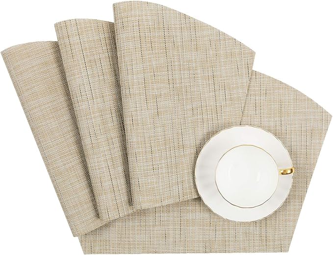 SHACOS Round Table Placemats Wedge Shaped Placemat Set of 4 Non Slip Heat Resistant Woven Vinyl Table Mats Wipe Clean Indoor Outdoor (4, Beige Yellow)
