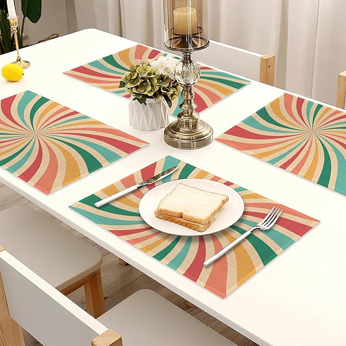 Placemats Set of 6,Retro 70s Groovy Linen Table Mats Rainbow Swirl Heat Resistant Place Mats Washable Dining Table Mats for Indoor Outdoor Kitchen Decor Easy Clean 12 x 18 Inch
