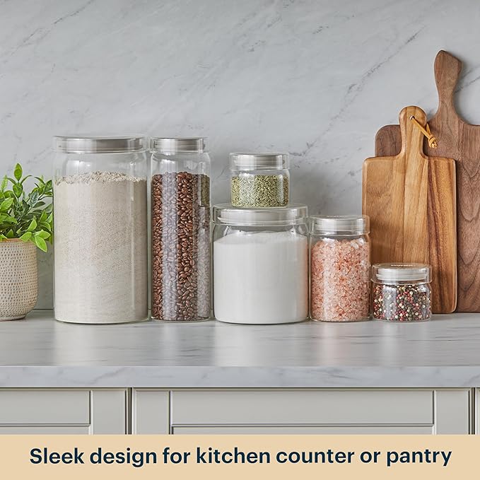 Pyrex 6-Pack Glass Canister Set - Dry Food Storage Containers with Glass Lids for Kitchen and Pantry Organization