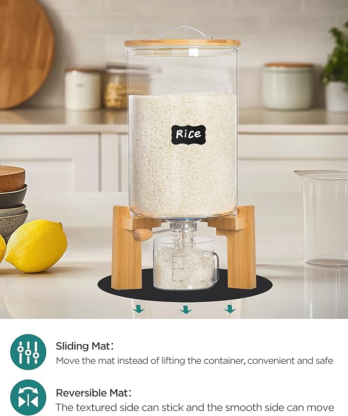 14-16 lbs Glass Rice Dispenser with Wooden Stand Flour and Cereal Container with Glass Measuring Cup & Labels & Slider mat Pantry Food Organization Storage Bin with Airtight Bamboo Lid, 8L