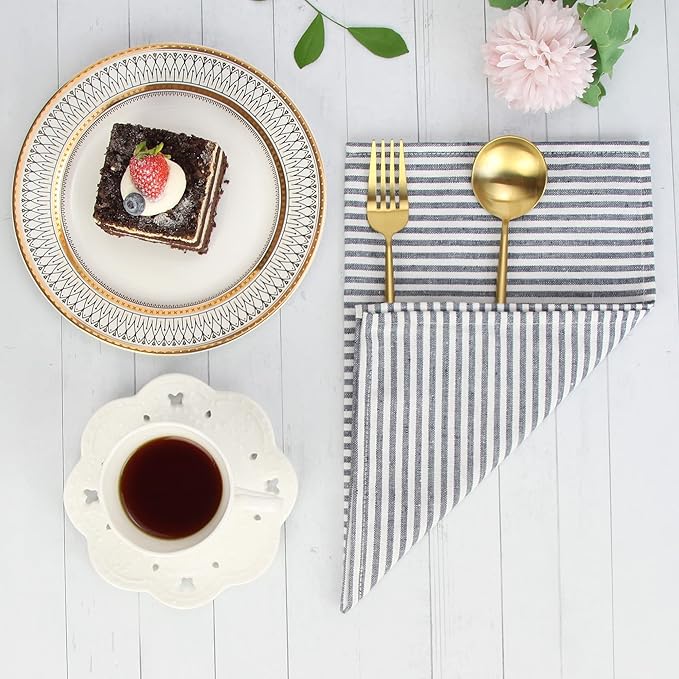 Plain Striped Cotton Linen Blended Dinner Cloth Napkins - Set of 12 (40 x 30 cm) - for Events & Home Use (Black)