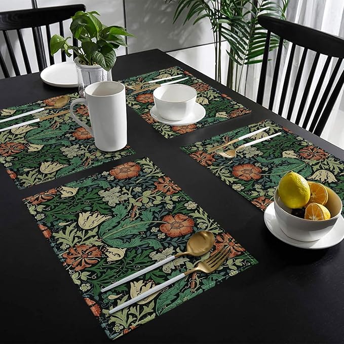 Ansouyi Placemats Set of 6, William Morris Floral Art Nouveau Pattern Washable Heat Resistant Linen Table Mats, Kitchen Decor Non-Slip Place Mats for Party Dining, 12x18 Inch