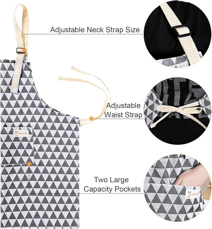 Syhood 2 Pack Aprons with 2 Pocket for Women Men Soft Linen Adjustable Bib Kitchen Cooking Apron for Chefs, Waiters, Baking(Gray Triangle Style)