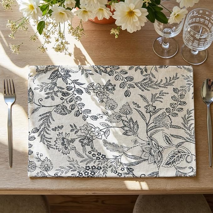 JINCHAN Linen Floral Placemats Set of 4 Cloth Table Mats Rustic Cottagecore Botanical Outdoor Seasonal for Kitchen Dining Table Decor Non-Slip Washable Tablemats 13x19 Inch Black