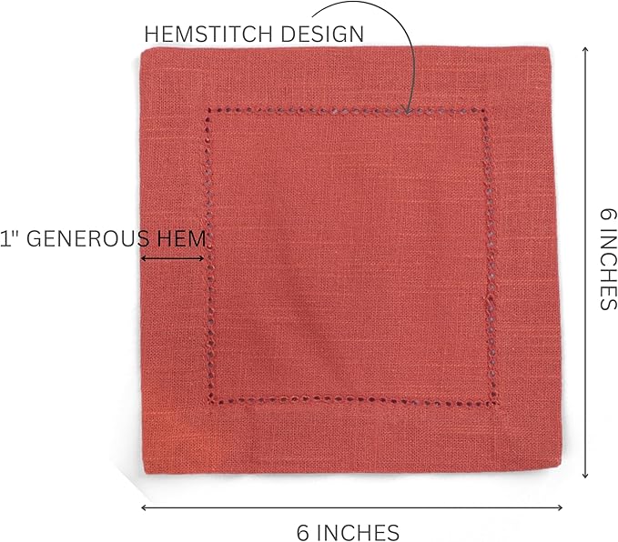 FINGERCRAFT Cocktail Napkins 6 x 6 Inch Premium Quality Cotton, Generous Hemstitch and Mitered Corner Set of 12 Coaster Cloth Rust