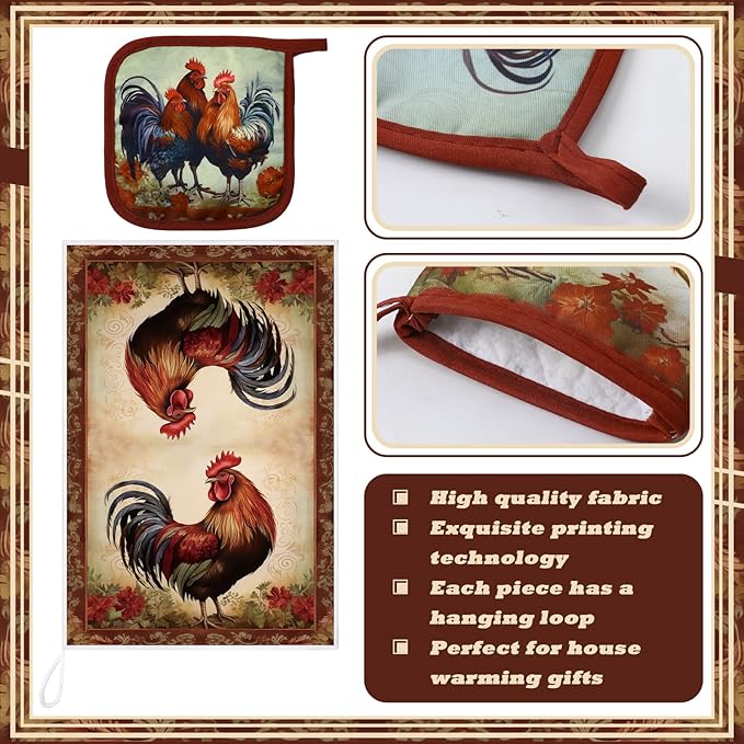 Bencailor 6 Pcs Spring Kitchen Decor Sunflower Pot Holders and Oven Mitts Sets Yellow Kitchen Towel 2 Farmhouse Cooking Mittens for Cooking Grilling Supply Accessories(Red,Retro Rooster)
