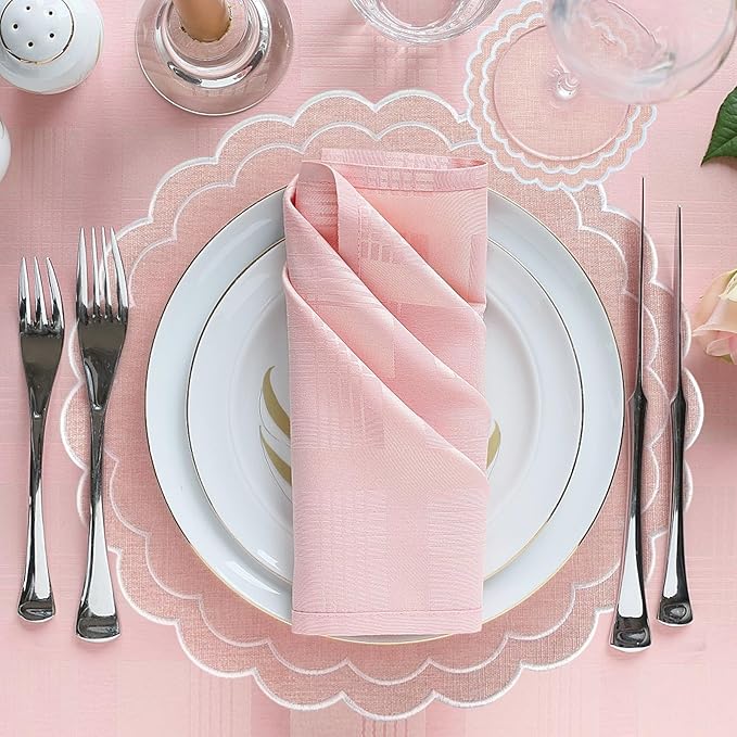 Set of 8 Cotton Linen Placemats Coaster, 15" Scalloped Embroidery Heat Resistant Placemats, 4.7" Kitchen Coaster, Double Layered Machine Washable Table Mat Set Rustic Dinner Table Decoration (Pink)
