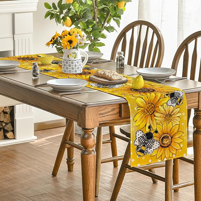 Artoid Mode Sunflower Bee Flower Polka Dot Summer Table Runner, Seasonal Kitchen Dining Table Decoration for Indoor Party Home 13x36 Inch