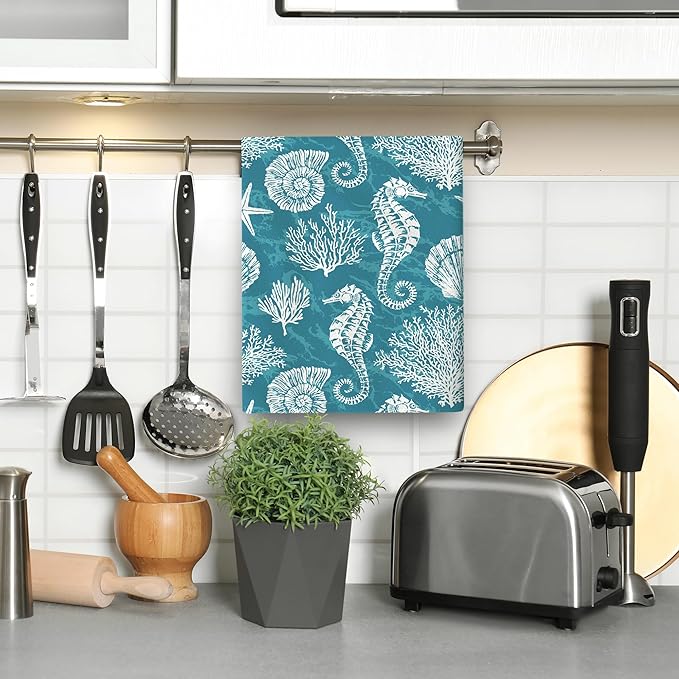 Teal Green Kitchen Towels Decorative Set Set of 2 Absorbent Dish Towels for Kitchen Bathroom Farmhouse Home Decor (Seahorse Corals, 16x24 Inch)
