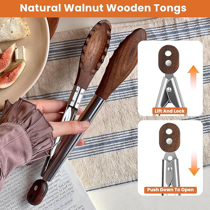 Cooking Set of 6 (3 Natural Walnut Wooden Kitchen Tongs 7",9",12",Self-Adhesive 304 Stainless Steel Hook)【Xhiver】- For Grilling, Serving, BBQ, Salad Tossing | Ergonomic Grip, Heat Resistant, Pull Lock