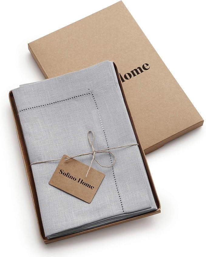 Solino Home Linen Napkins Set of 4 - Classic Hemstitch 100% Pure Linen Soft Grey Dinner Napkins Cloth 20 x 20 Inch for Spring, Summer, Mothers Day - Handcrafted and Machine Washable