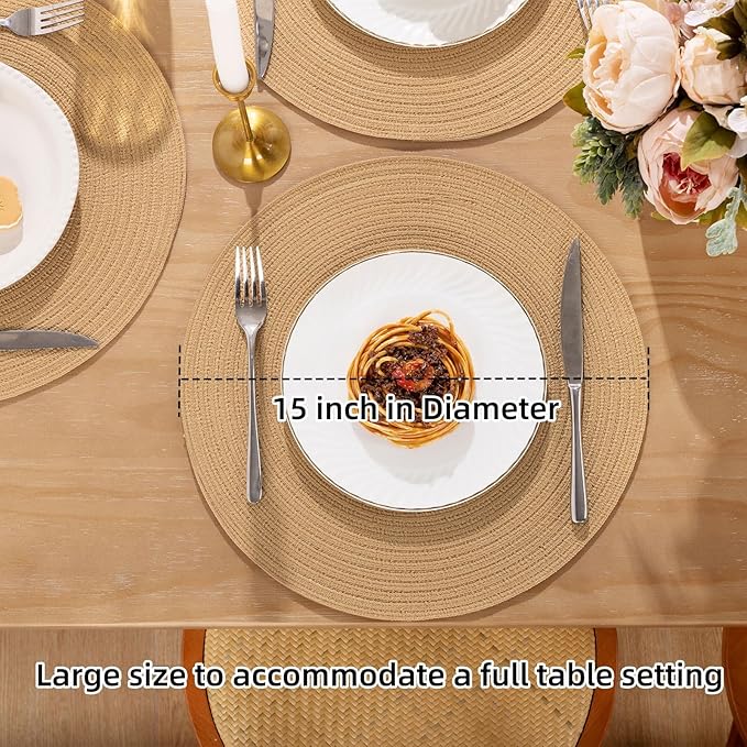 SHACOS 15 inch Round Braided Placemats Set of 4 Cotton Polyester Place Mats Washable Kitchen Dining Table Mats for Dinner Party Table Decor (Camel, 4)