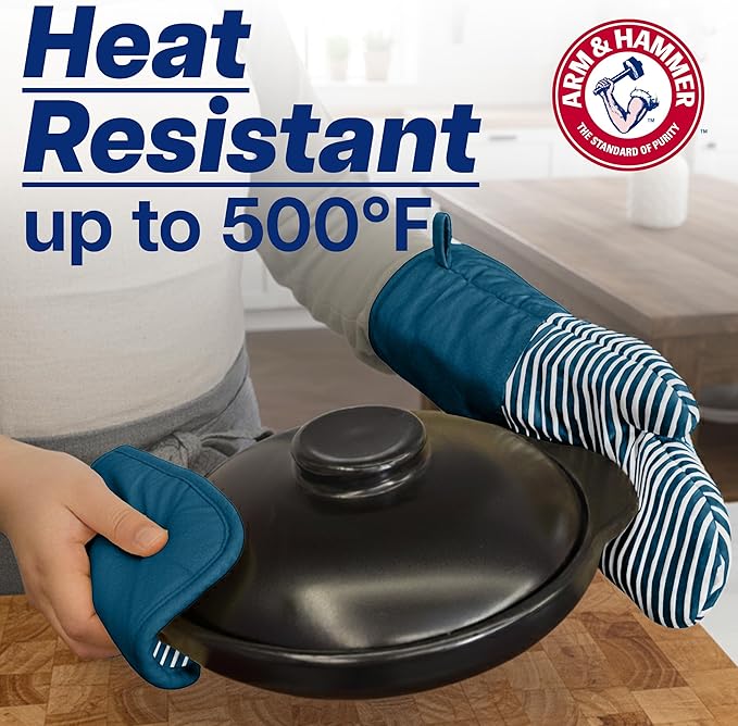Arm & Hammer Striped Oven Mitts, Heat Resistant, Non-Slip Silicone Grip, 2 Pack, Navy