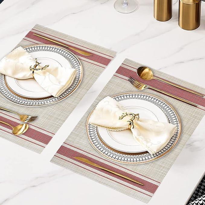 DACHUI Placemats Set of 4, Soft & Elegant Woven Vinyl Place Mats, Water Resistant, Heat Resistant, Washable, Durable Table Mats (Red Stripes)