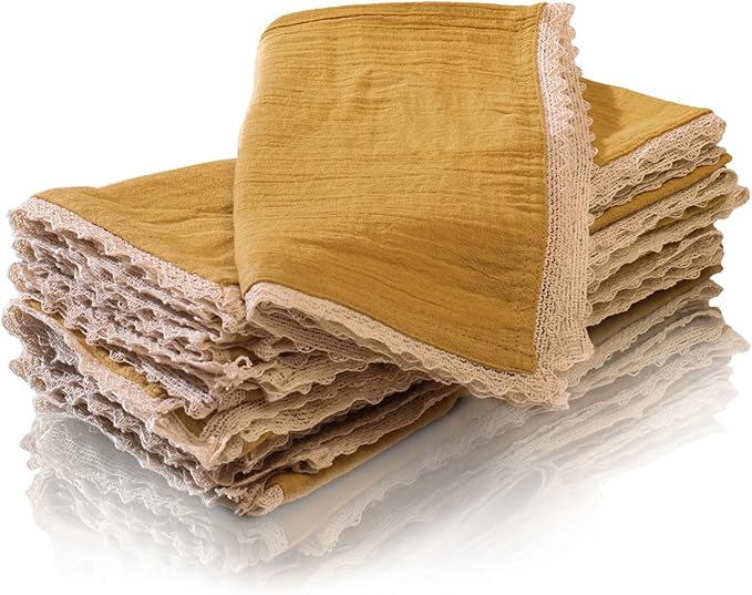 FINGERCRAFT Dinner Cloth Napkin Cotton Muslin Double Gauze 12 Pack with Classic Lace for Everyday Use, Wedding, Party, Christmas, Easter Napkins Cloth are Pre Shrunk and Good Absorbency Gold