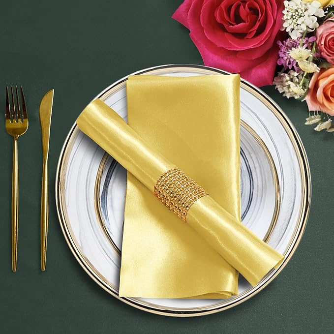 100 Pack Gold Satin Napkins and Napkin Rings Set, 12 x 12 Inch Silky Soft Cloth Napkins Set of 50, Square Satin Dinner Table Napkins Bulk for Wedding Banquet Graduation Party Decoration