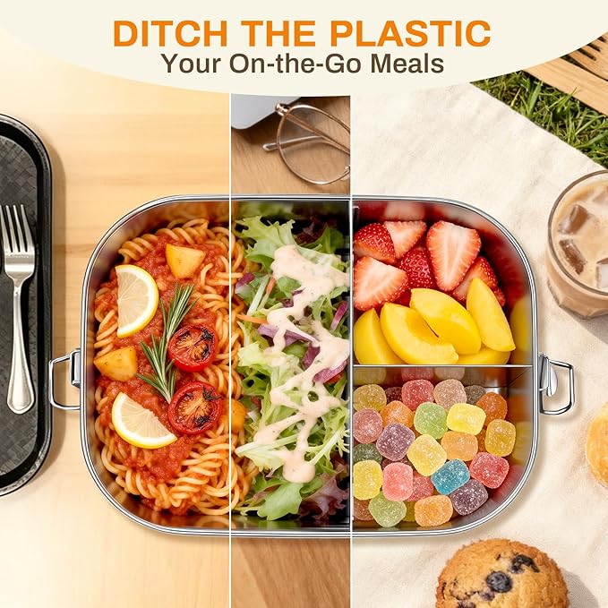 Anatole 304 Stainless Steel Bento Box 49oz 1450ml Leak-Proof Lunch Box 3 Compartments with 2 Removable Dividers 1 Sauce Container BPA Free Dishwasher Safe Food Container for Adults Work Travel