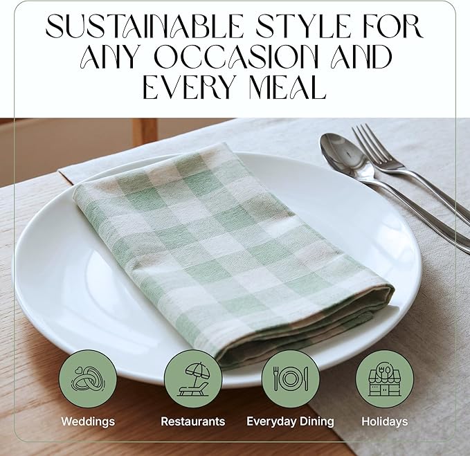 Cloth Napkins Set of 12, 100% Cotton Reusable Gingham Printed Dinner Napkins, 18x18 Inch Washable Table & Kitchen Napkins for Home, Dining, Entertaining – Sage Green & Ivory