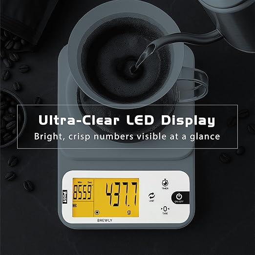 Polit Brewly Coffee Scale with Timer — 0.1g/0.5g/1g Triple-Range Precision Espresso & Pour-Over Scale, USB-C/Battery Powered, Milk/Water ml Modes, Ultra-Slim Travel Coffee Scale Home & Café Brewing