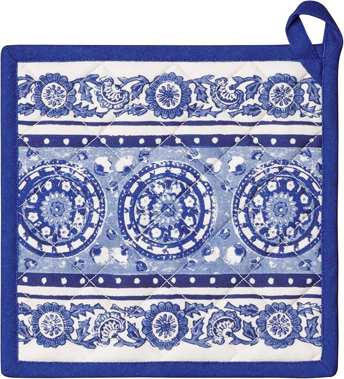 Maison d' Hermine Pot Holders 100% Cotton Heat Resistant Potholders 8" x 8" Hot Pads with Loop BBQ Cooking Baking Gifts for Mothers Day Handling Hot Pans Spring/Summer (Pack of 1, Melodie Bleue)