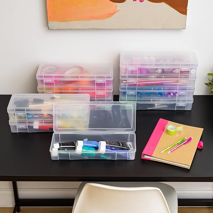 IRIS USA Pencil Case Boxes, 10-Pack, |Made in USA|, Plastic Bead Organizing Containers with Snap Lid for Arts, Crafts, Ephemera, Stickers, & Dance Cheer, Clear - Large