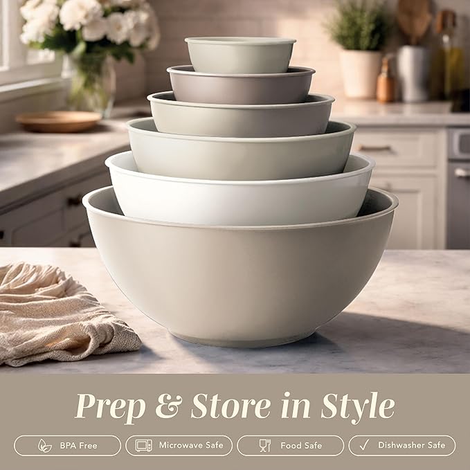 COOK WITH COLOR Mixing Bowls with TPR Lids - 12 Piece Plastic Nesting Bowls Set includes 6 Prep Bowls and 6 Lids, Microwave Safe (Brown)