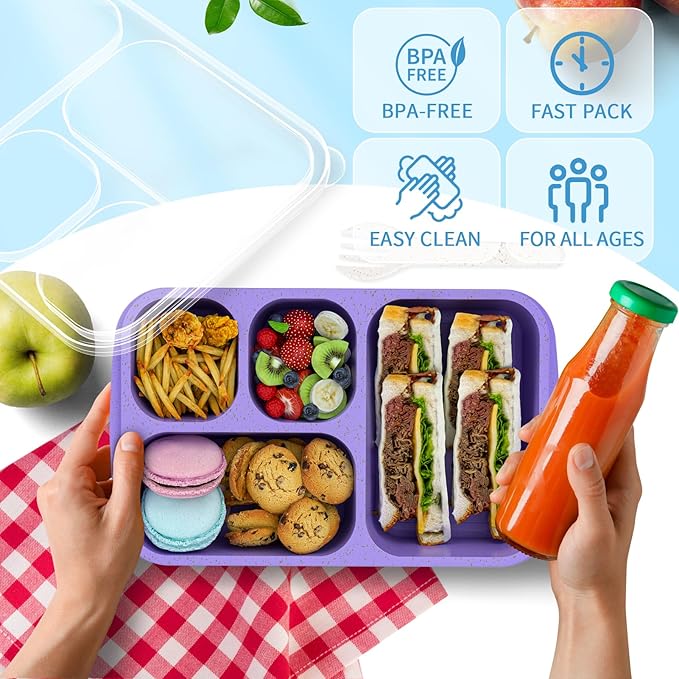 Bento Box 4-Pack 5-Compartment Meal Prep Containers, BPA-Free Plastic, Stackable Food Storage Lunch Boxes for Adults and Kids, School Work Travel (Purple)