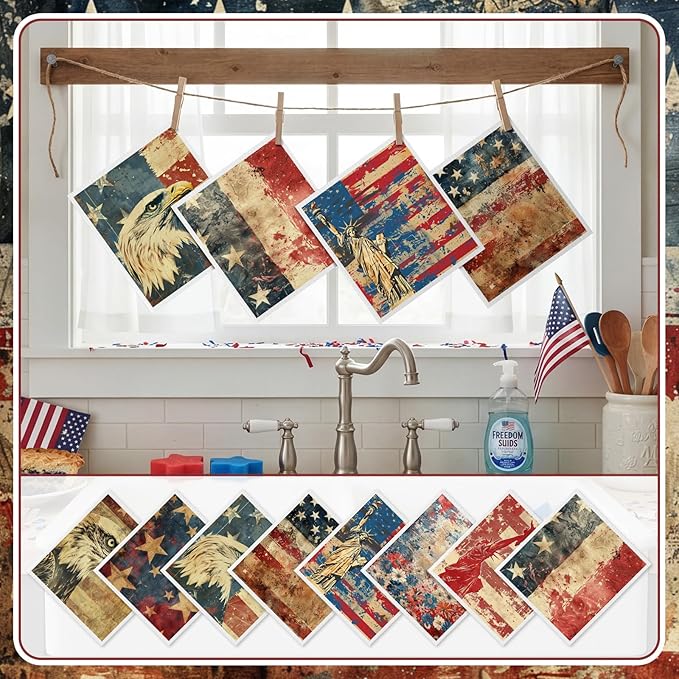 Tegeme 8 Pcs Patriotic Swedish Themed Dishcloth 4th of July American Flag Kitchen Dish Towel Absorbent Cotton Reusable Towel 250 Anniversary for Independence Day Home Party Counter Wipe, 6.8 x 7.7''