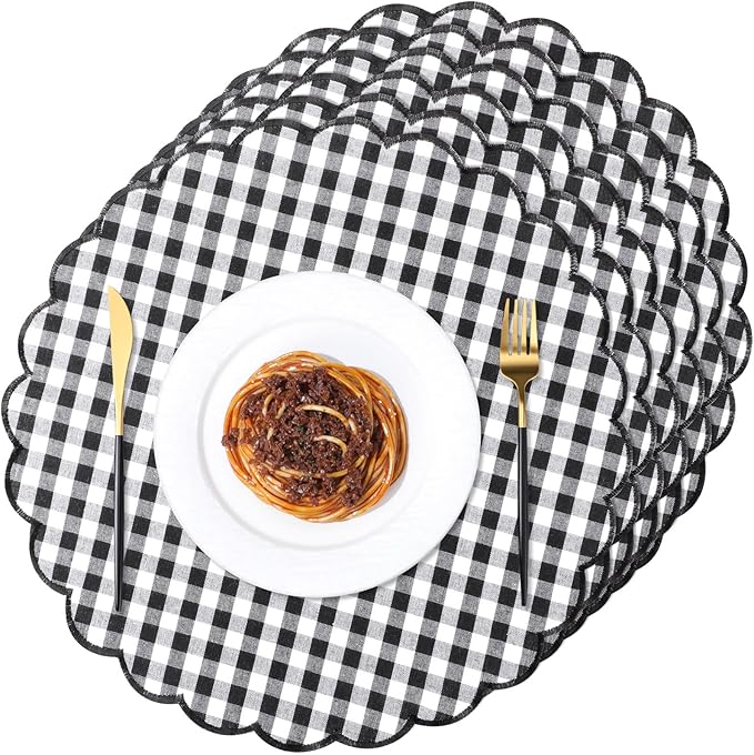 Set of 6 Round Placemats 15 Inch Cotton Scalloped Embroidery Placemat Washable Double Layered Rustic Dinner Table Mat Decor Fabric for Hotel Restaurant Kitchen(Black,Plaid)