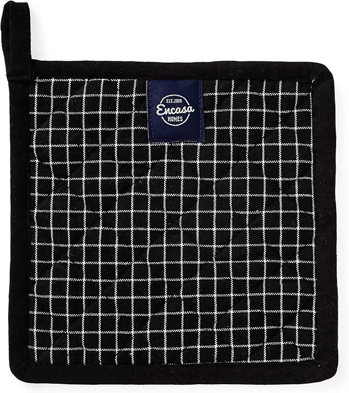 Encasa XO 8 inches Oven Microwave Potholders (2 pc Set) for Kitchen Cooking & Baking - Heat Resistant, Thick & Safe, Protection of Hands from Hot Utensils - Butcher Checks Black