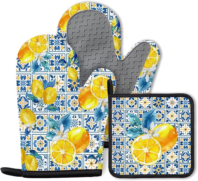 Lemon Silicone Oven Mitts and Pot Holders 3Pcs, Yellow Kitchen Decor Silicone Oven Mitts for Lemon Lover, Lemons Kitchen Decor Heat Resistant Non-Slip Oven Gloves for Mom Wife Sister BFF