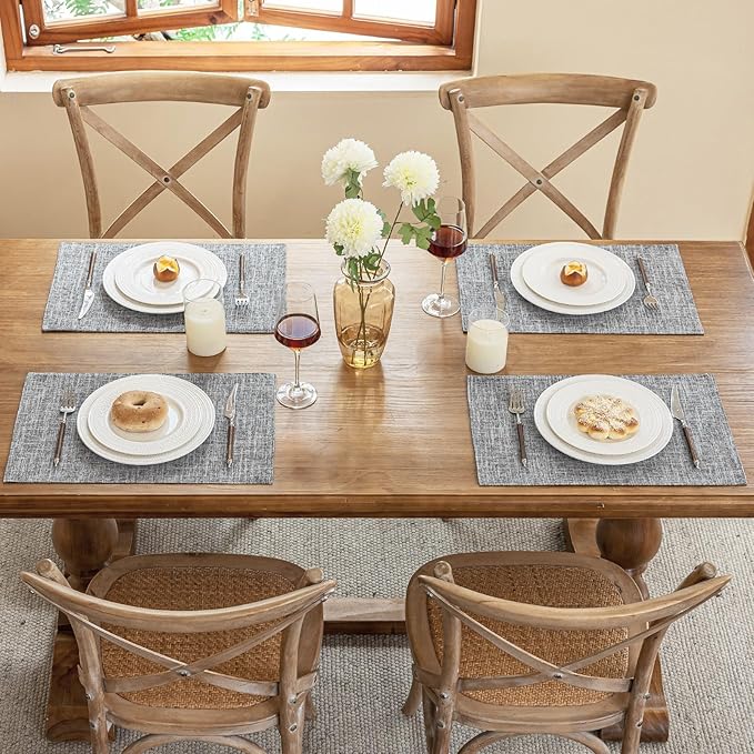 Blue Forest Placemats Set of 8, Dual-Layered Thickened Faux Linen Cloth Place Mats Heat Resistant Machine Washable Wrinkle Free Table Mats Indoor/Outdoor (Light Grey)