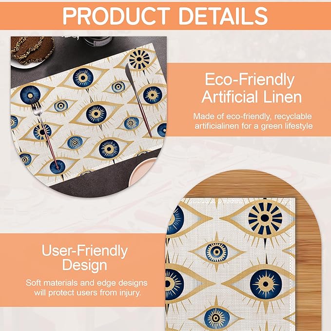 Evil Eye Table Mats Set of 6,Non-Slip Washable Placemats for Restaurant Home Kitchen Dinner Table 12x18Inch