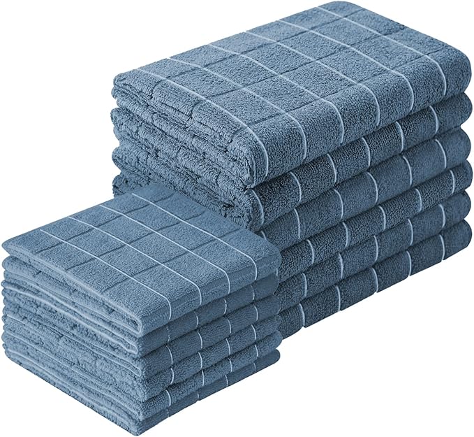 Puomue Microfiber Kitchen Towels and Dishcloths Set, 26 X 18 Inch and 12 X 12 Inch, Set of 12 Bulk Lint Free Dish Towels for Drying Dishes, Blue