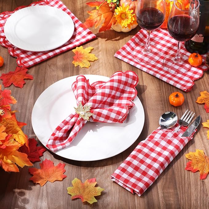 SmoothNovelty 12 Pack Buffalo Plaid Cloth Napkins 18x18 Inch Spring Checkered Cloth Napkins Scalloped Soft Cotton Table Mat Washable Reusable for Dinner Wedding Birthday Parties (Classic,Red)