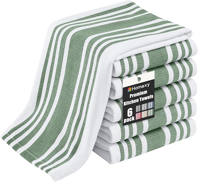 Homaxy Premium Kitchen Towels 18”x 28”, Large Cotton 380 GSM Kitchen Hand Towels, Stripe and Terry Dish Towel, Highly Absorbent Tea Towel Set with Hanging Loop, 6 Pack, Grass Green