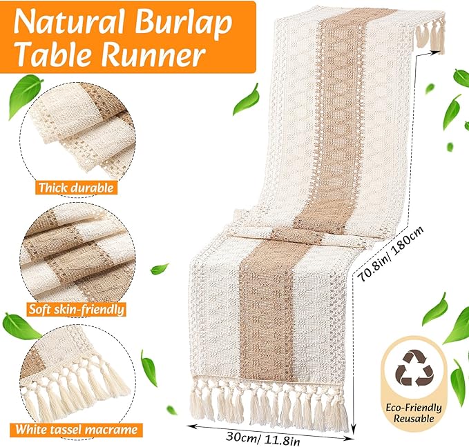 6 Sets Boho Place Mats Set Round Woven Placemats, Cloth Napkins, Wood Bead Napkin Rings, White Table Runner with Tassel and Farmhouse Rustic Placemats Cotton Burlap for Kitchen Table (Style 2)
