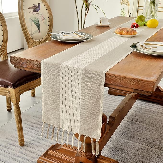 Wracra Linen Table Runner, Farmhouse Macrame Table Runners 90 Inches Long for Dining Table Decor, Wedding, Party and Dresser Decor (Light Coffee,90")
