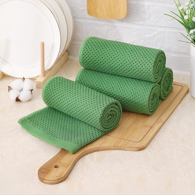 Kitinjoy 100% Cotton Waffle Weave Kitchen Hand Towels (13 x 28 Inches, Grass Green), 4-Pack Super Soft and Absorbent Dish Towels for Drying Dishes