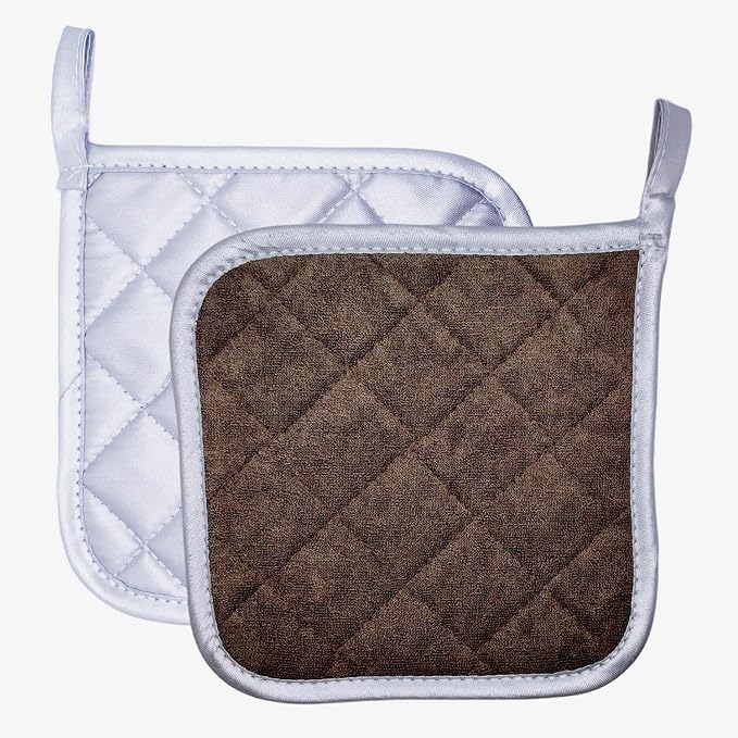 2pcs Cotton Heat Resistant Mat Pads for Baking Cooking Oven 6.7in Basic Square Pot Holder Multipurpose Quilted Liner Little Trivet Cloth Potholder for Kitchen Warming Buffets Party (Brown & Silver)