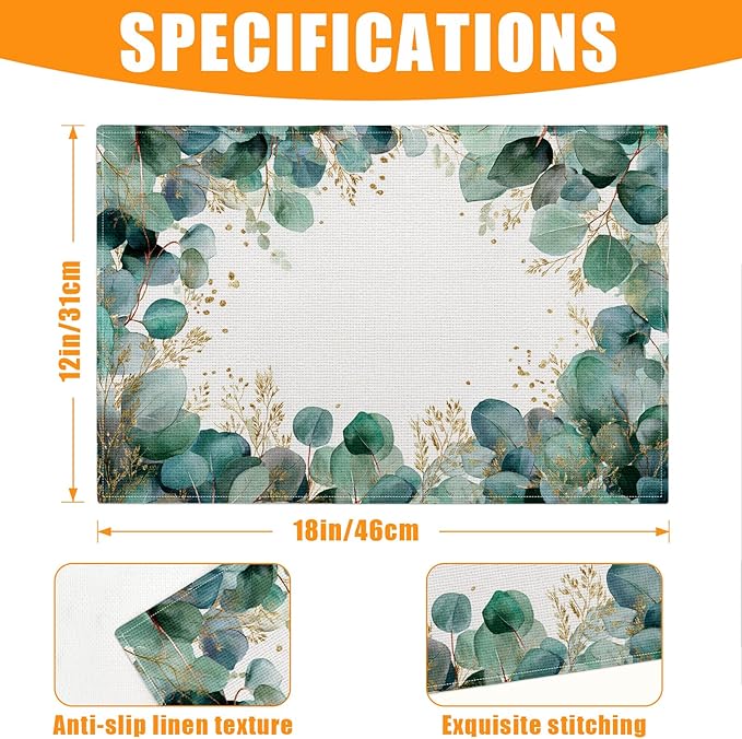 Eucalyptus Leaves Green Gold Placemats Set of 6,12 x 18 Inch Table Mats Washable Heat Resistant Linen Fabric Rectangle Place Mat for Party Home Kitchen Dining